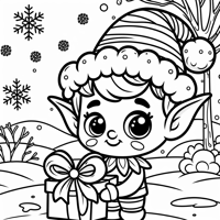 A Cute Elf Wearing A Big Hat And Holding A Gift Coloring Page