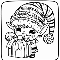 A Cute Elf Wearing A Big Hat And Holding A Gift Coloring Page