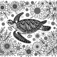 Sea Turtle Swimming With Flowers Coloring Page