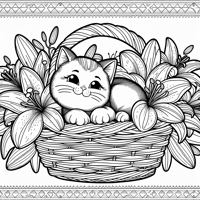 Cat In Basket Of Lilies Coloring Page