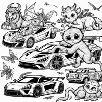 Cute Fantastic Beasts Driving Supercars Coloring Page