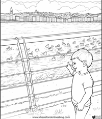 A Young Boy Is Standing Near A Body Of Water... Coloring Page