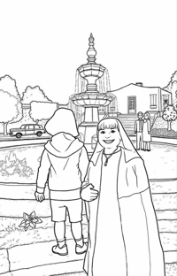 A Woman And A Child Are Standing Near A Fountain... Coloring Page