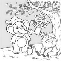 Zoo Animals With Santa Hat Coloring Page