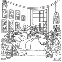 A Cozy Bedroom With Lots Of Plants Around Some... Coloring Page