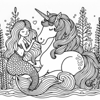 A Mermaid Riding A Unicorn Coloring Page