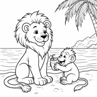 A Lion And A Monkey Sharing A Coconut Drink Coloring Page