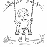 Child Swinging On The Swing With A Coloring Book. Coloring Page