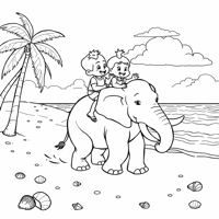 Upinipin Riding An Elephant On The Beach Coloring Page