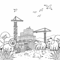 Zoo Animals In A Construction Coloring Page