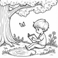 A Child Is Reading A Book Under A Tree And There... Coloring Page