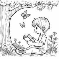 A Child Is Reading A Book Under A Tree And There... Coloring Page