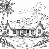 Arab Houses With A Backdrop Of Mountains With Flat... Coloring Page