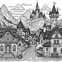 A Nice Medieval Town With Mountains Behind Coloring Page