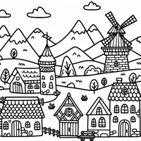 A Nice Medieval Town With Mountains Behind Coloring Page