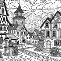 A Nice Medieval Town With Mountains Behind Coloring Page