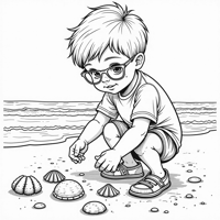 5 Year Old Boy With Glasses Walking By The Beach... Coloring Page