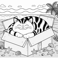 Fat Tabby Cat In A Box On The Beach Coloring Page