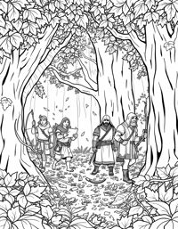 Detailed RPG Party Traveling Through A Forest Coloring Page