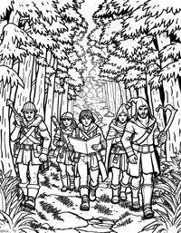 Detailed RPG Party Traveling Through A Forest Coloring Page