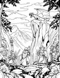 Detailed RPG Party Traveling Battling A Dragon Coloring Page