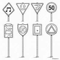 Traffic Signs And Their Names One By One. Coloring Page