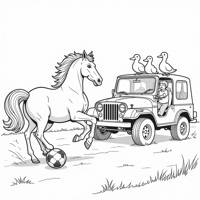 Horses Playing Soccer And Ducks Cheering Them On A... Coloring Page