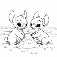Stitch And Pinky Hugging At The Beach Coloring Page
