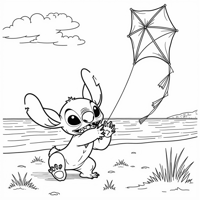 Stitch At The Beach Flying A Kite Coloring Page
