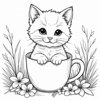A Kitty In A Mug Of Hot Cocoa In A Garden Coloring Page