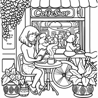 A Girl Sitting At A Small Table In Front Of A... Coloring Page