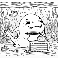 Shark Eating A Cake And Drinking Coffee Coloring Page