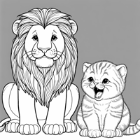 A Kitten Roaring Next To A Calm Lion Coloring Page