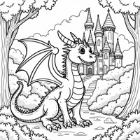 A Dragon With A Castle Behind It Coloring Page