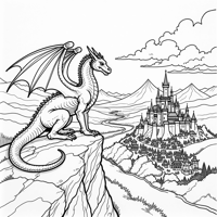 A Dragon With A Castle Behind It Coloring Page