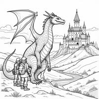 A Dragon With A Castle Behind It Coloring Page