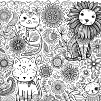Cat Cloud Dog Lion Flowers Coloring Page