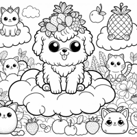 Puppies On Clouds Cats Wearing Fruit Coloring Page