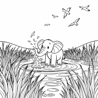 Cute Elephant Splashing Water With Its Trunk In A... Coloring Page