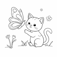 Butterfly And Cat Playing Coloring Page