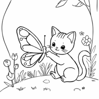 Butterfly And Cat Playing Coloring Page