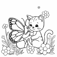 Butterfly And Cat Playing Coloring Page