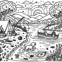 Camper Down By The River Fishing Picking Berries... Coloring Page