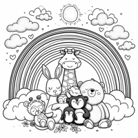 Many Different Animals Snuggling Under The Rainbow... Coloring Page