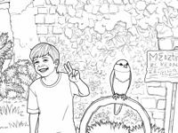 A Young Boy Is Standing In Front Of A Green Wall... Coloring Page