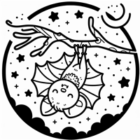 Cute Cartoon Bat Hanging Upside Down On A Tree... Coloring Page