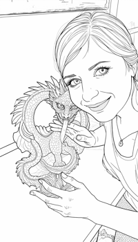 A Woman Is Sitting On A Table With A Green Dragon... Coloring Page