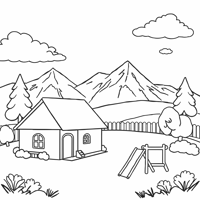 House Play Area With A Mountain View Coloring Page