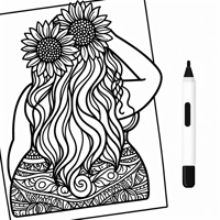 A Chubby Woman With Long Hair That Has Sunflowers... Coloring Page