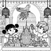 Two Kids In A Toy Store With A Parrot Coloring Page